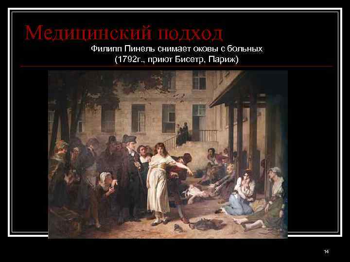 Медицинский подход Филипп Пинель снимает оковы с больных (1792 г. , приют Бисетр, Париж)