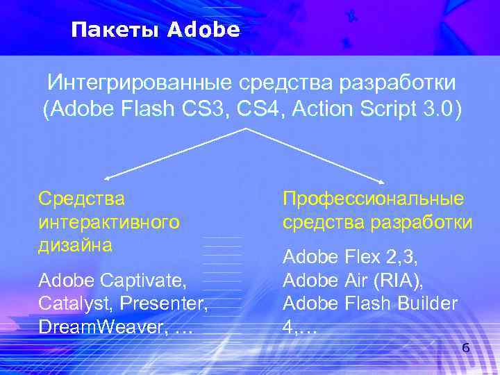 Пакеты Adobe Интегрированные средства разработки (Adobe Flash CS 3, CS 4, Action Script 3.