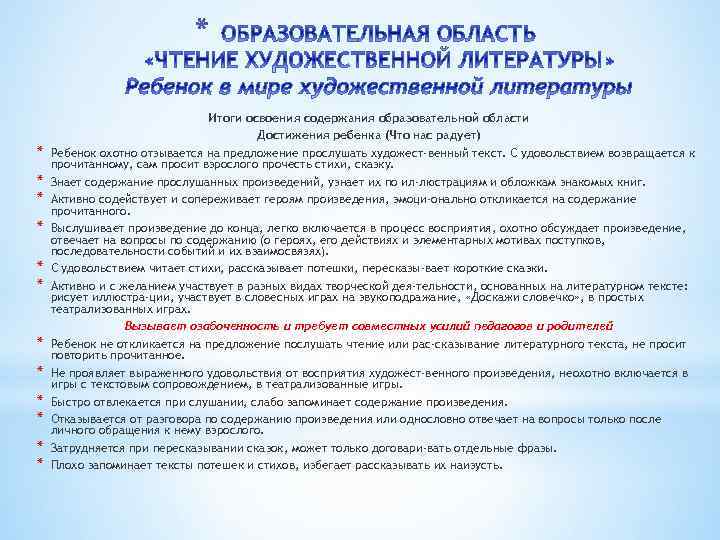 * * * * Итоги освоения содержания образовательной области Достижения ребенка (Что нас радует)