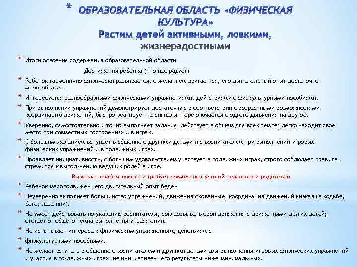 * * Итоги освоения содержания образовательной области Достижения ребенка (Что нас радует) * Ребенок