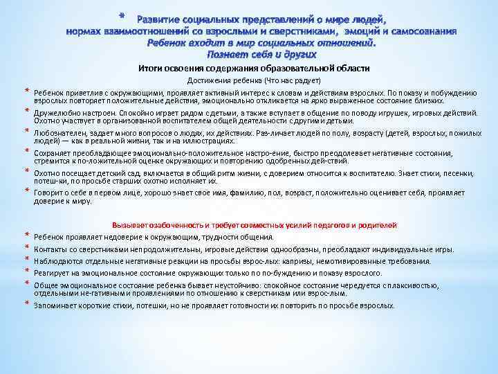 * Итоги освоения содержания образовательной области * * * Достижения ребенка (Что нас радует)