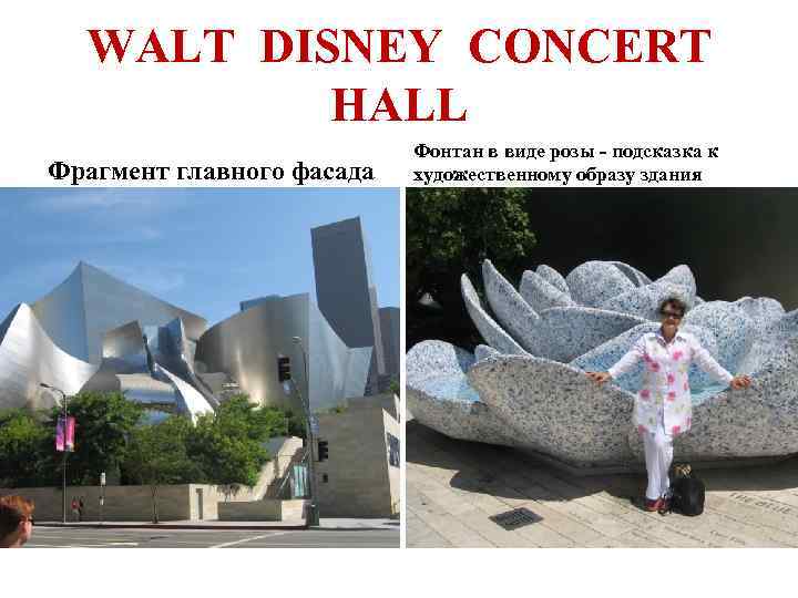 WALT DISNEY CONCERT HALL Фрагмент главного фасада Фонтан в виде розы - подсказка к