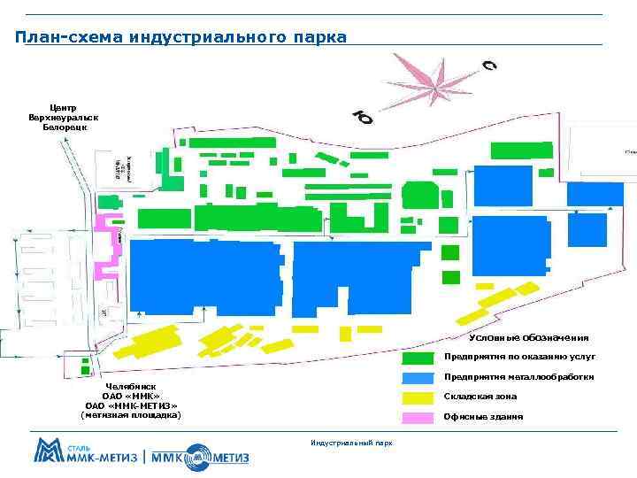 План-схема индустриального парка Центр Верхнеуральск Белорецк Условные обозначения Предприятия по оказанию услуг Предприятия металлообработки