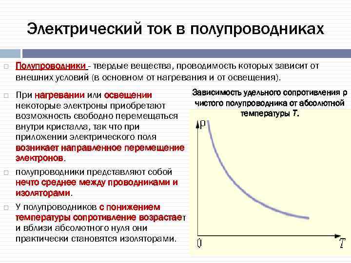 Электрический ток в полупроводниках Полупроводники - твердые вещества, проводимость которых зависит от внешних условий