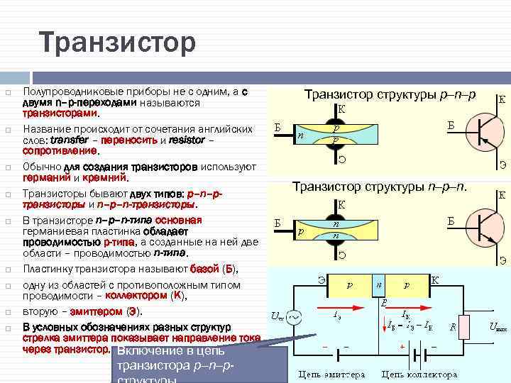 Транзистор Полупроводниковые приборы не с одним, а с двумя n–p-переходами называются транзисторами. Название происходит