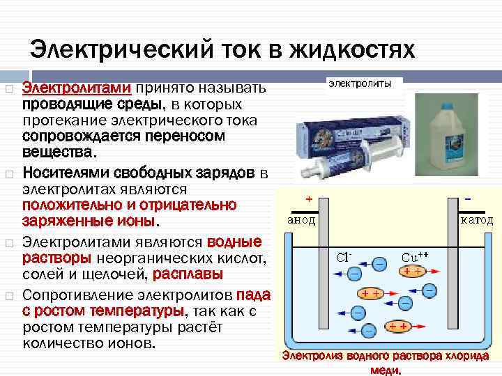 Электрический ток в жидкостях Электролитами принято называть проводящие среды, в которых протекание электрического тока