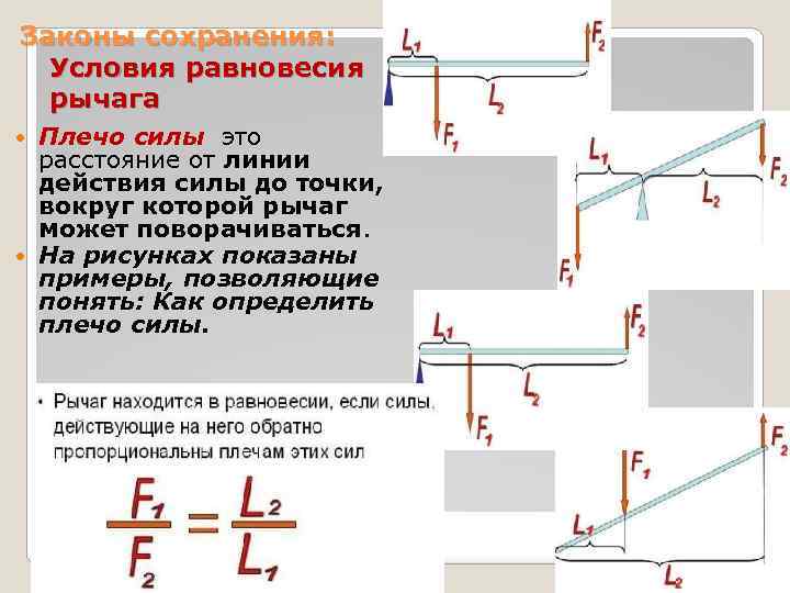 Законы сохранения: Условия равновесия рычага Плечо силы это расстояние от линии действия силы до