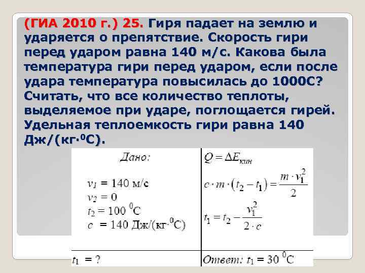 (ГИА 2010 г. ) 25. Гиря падает на землю и ударяется о препятствие. Скорость