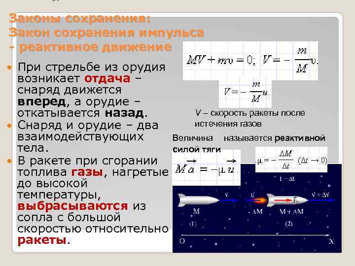 Законы сохранения: Закон сохранения импульса - реактивное движение При стрельбе из орудия возникает отдача