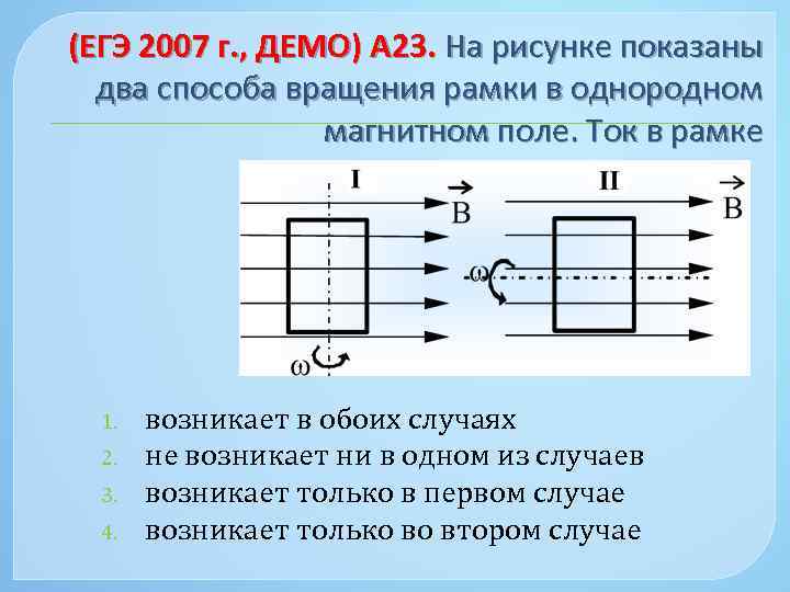 На рисунке показаны два способа вращения рамки в однородном магнитном поле ток в рамке 4мв