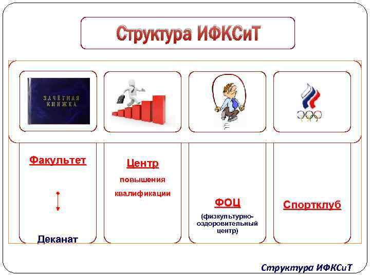 Структура ИФКСи. Т Факультет Центр повышения квалификации Деканат ФОЦ Спортклуб (физкультурнооздоровительный центр) Структура ИФКСи.