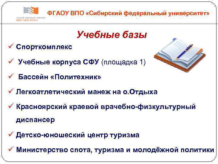 ФГАОУ ВПО «Сибирский федеральный университет» Учебные базы ü Спорткомплекс ü Учебные корпуса СФУ (площадка
