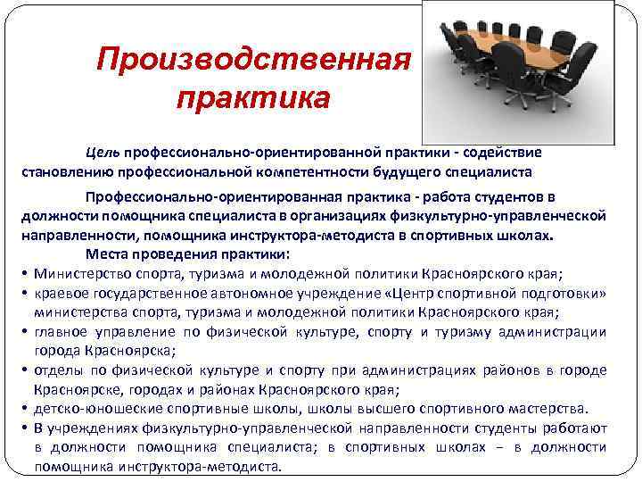 Производственная практика Цель профессионально-ориентированной практики - содействие становлению профессиональной компетентности будущего специалиста Профессионально-ориентированная практика