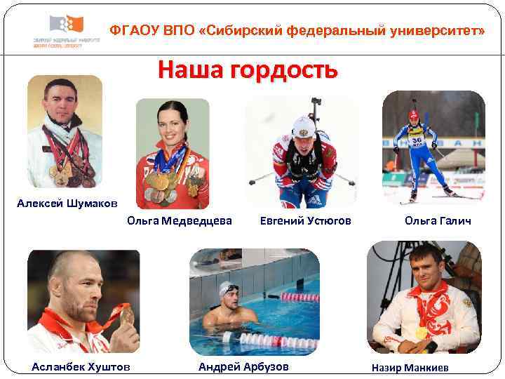 ФГАОУ ВПО «Сибирский федеральный университет» Наша гордость Алексей Шумаков Ольга Медведцева Асланбек Хуштов Евгений