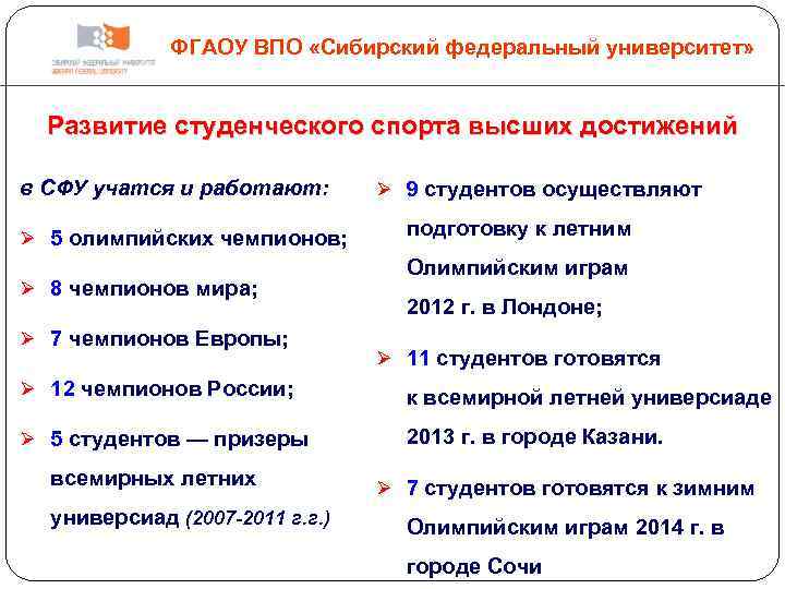ФГАОУ ВПО «Сибирский федеральный университет» Развитие студенческого спорта высших достижений в СФУ учатся и
