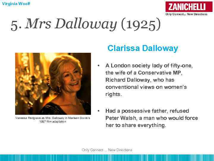 Virginia Woolf 5. Mrs Dalloway (1925) Clarissa Dalloway • • Vanessa Redgrave as Mrs.