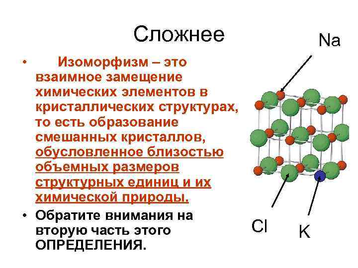Сложнее Na • Изоморфизм – это взаимное замещение химических элементов в кристаллических структурах, то