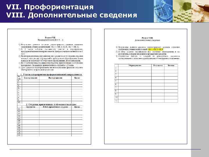 VII. Профориентация VIII. Дополнительные сведения 