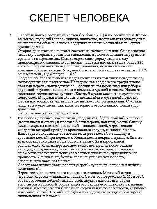 СКЕЛЕТ ЧЕЛОВЕКА • • Скелет человека состоит из костей (их более 200) и их