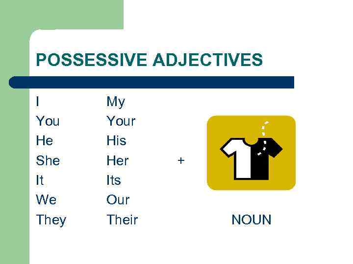 POSSESSIVE ADJECTIVES I You He She It We They My Your His Her Its