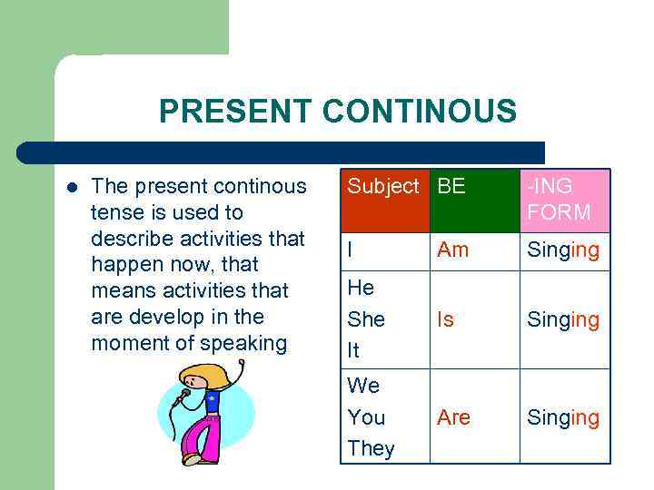 PRESENT CONTINOUS l The present continous tense is used to describe activities that happen