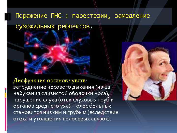 Поражение ПНС : парестезии, замедление сухожильных рефлексов. Дисфункция органов чувств: затруднение носового дыхания (из