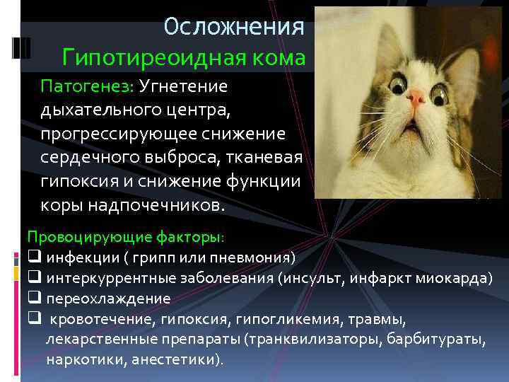  Осложнения Гипотиреоидная кома Патогенез: Угнетение дыхательного центра, прогрессирующее снижение сердечного выброса, тканевая гипоксия