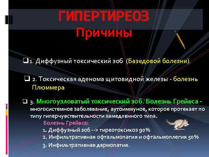  ГИПЕРТИРЕОЗ Причины q 1. Диффузный токсический зоб (Базедовой болезни). q 2. Токсическая аденома