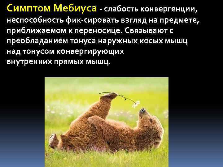 Симптом Мебиуса слабость конвергенции, неспособность фик сировать взгляд на предмете, приближаемом к переносице. Связывают