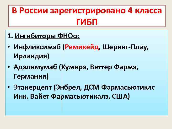 В России зарегистрировано 4 класса ГИБП 1. Ингибиторы ФНОα: • Инфликсимаб (Ремикейд, Шеринг-Плау, Ирландия)