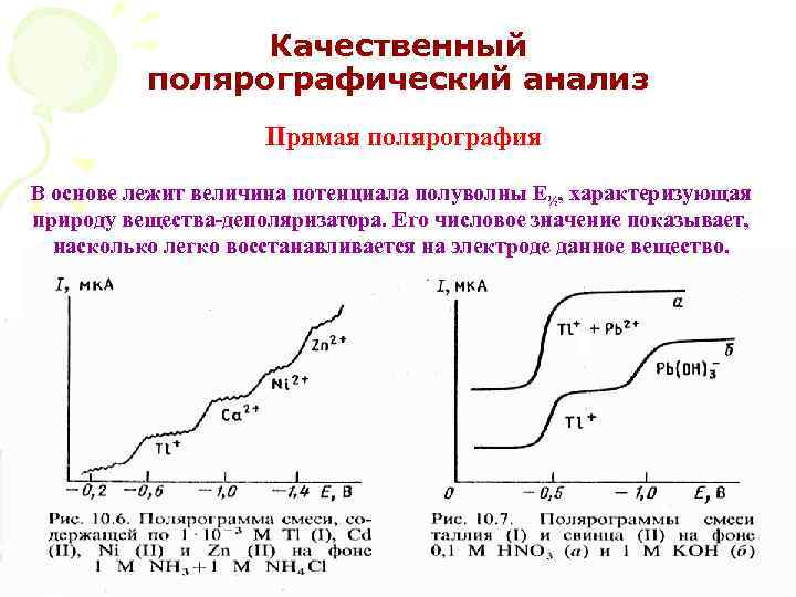 Качественный полярографический анализ Прямая полярография В основе лежит величина потенциала полуволны Е½, характеризующая природу