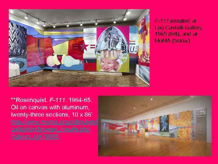 F-111 installed at Leo Castelli Gallery, 1965 (left), and at Mo. MA (below). **Rosenquist.