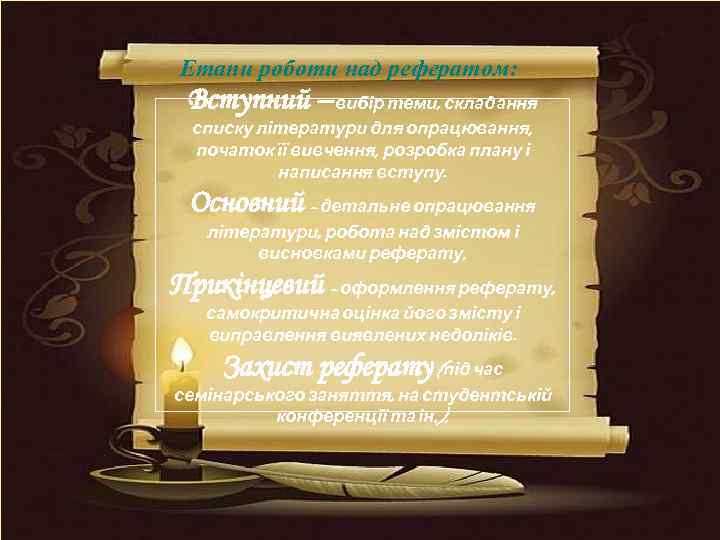 Етапи роботи над рефератом: Вступний – вибір теми, складання списку літератури для опрацювання, початок