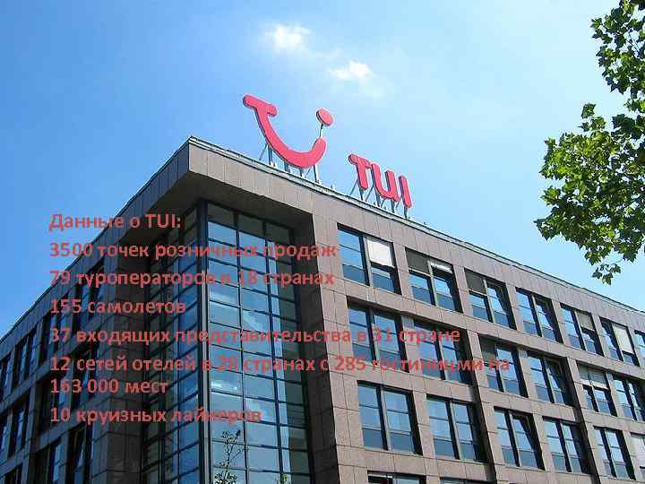 Данные о TUI: 3500 точек розничных продаж 79 туроператоров в 18 странах 155 самолетов