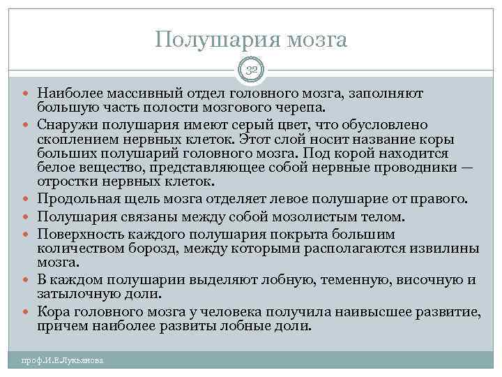 Полушария мозга 32 Наиболее массивный отдел головного мозга, заполняют большую часть полости мозгового черепа.