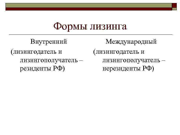 Формы лизинга Внутренний (лизингодатель и лизингополучатель – резиденты РФ) Международный (лизингодатель и лизингополучатель –