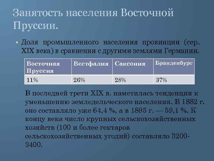Занятость населения Восточной Пруссии. • Доля промышленного населения провинции (сер. XIX века) в сравнении
