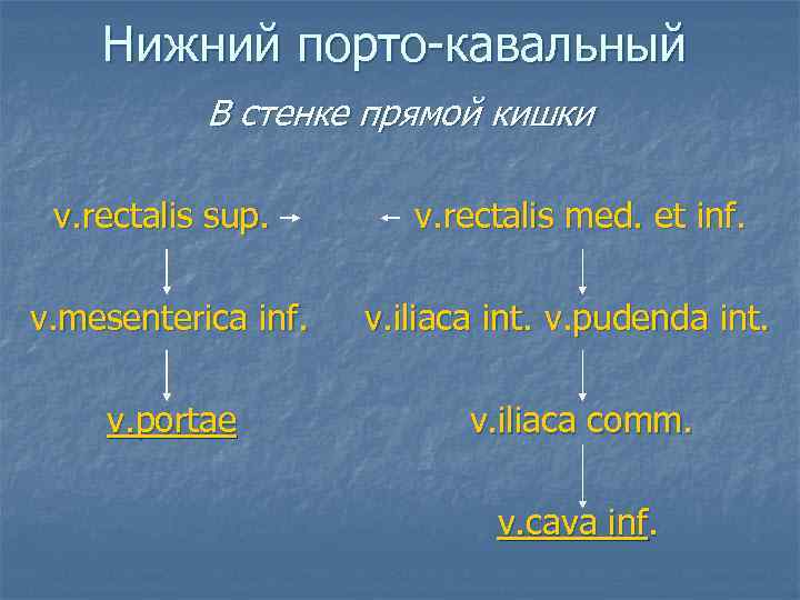 Нижний порто-кавальный В стенке прямой кишки v. rectalis sup. v. mesenterica inf. v. portae