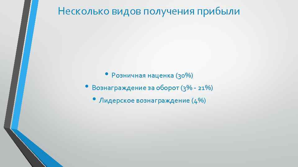 Несколько видов получения прибыли • Розничная наценка (30%) • Вознаграждение за оборот (3% -