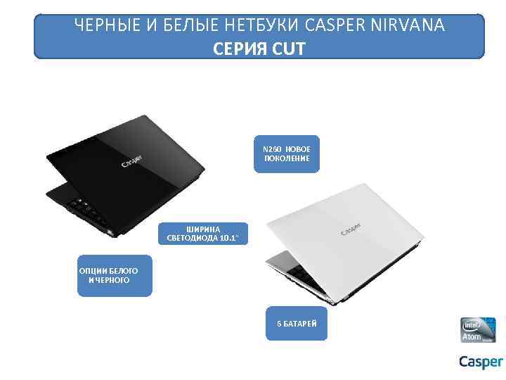 ЧЕРНЫЕ И БЕЛЫЕ НЕТБУКИ CASPER NIRVANA СЕРИЯ CUT N 260 НОВОЕ ПОКОЛЕНИЕ ШИРИНА СВЕТОДИОДА