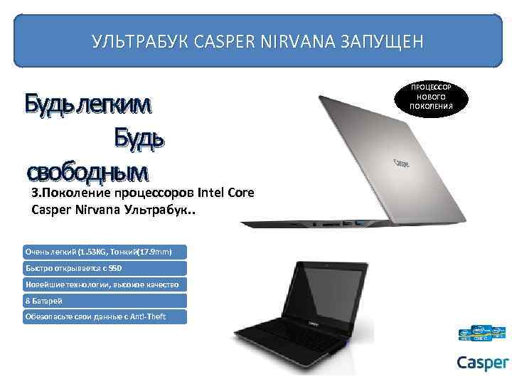УЛЬТРАБУК CASPER NIRVANA ЗАПУЩЕН Будь легким Будь свободным 3. Поколение процессоров Intel Core Casper