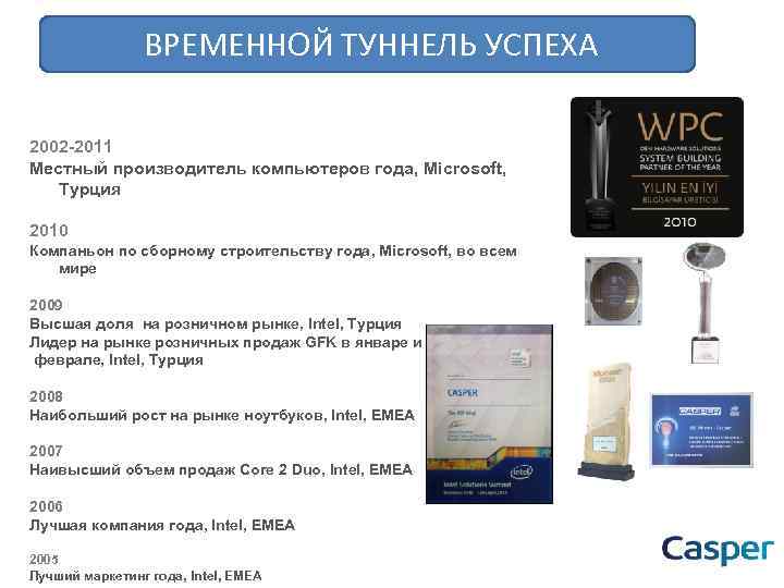 ВРЕМЕННОЙ ТУННЕЛЬ УСПЕХА 2002 -2011 Местный производитель компьютеров года, Microsoft, Турция 2010 Компаньон по