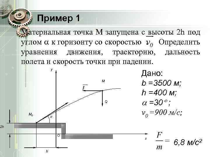 Пример 1 Материальная точка М запущена с высоты 2 h под углом к горизонту
