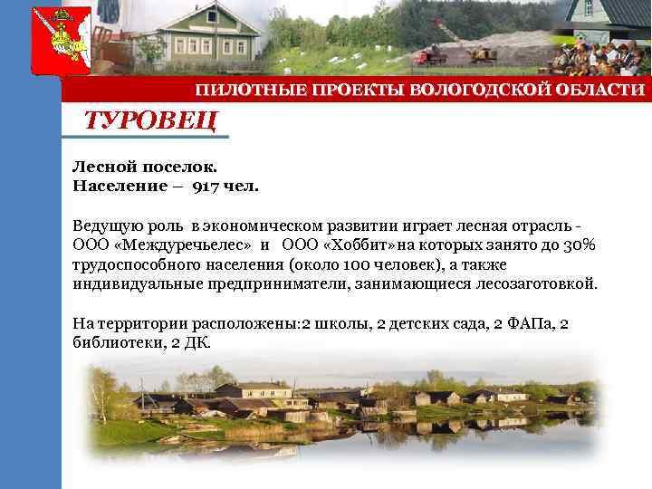 ПИЛОТНЫЕ ПРОЕКТЫ ВОЛОГОДСКОЙ ОБЛАСТИ ТУРОВЕЦ Лесной поселок. Население – 917 чел. Ведущую роль в