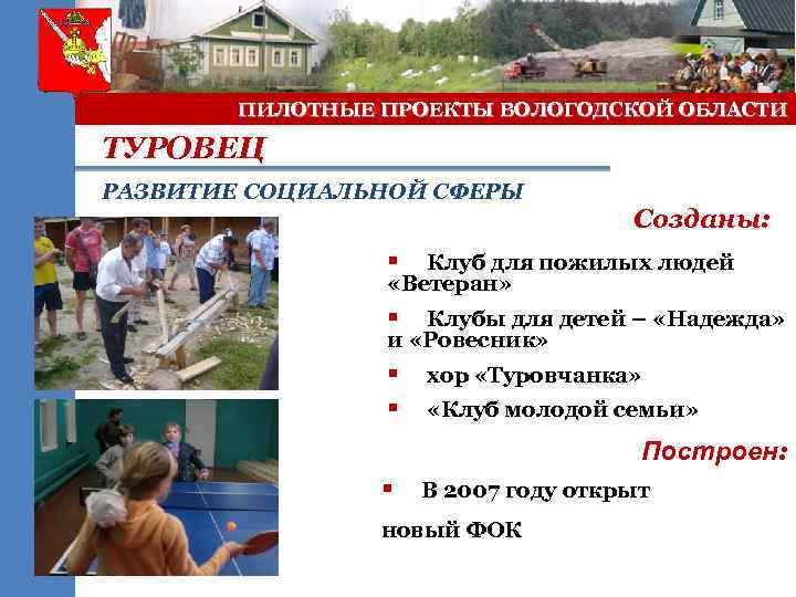 ПИЛОТНЫЕ ПРОЕКТЫ ВОЛОГОДСКОЙ ОБЛАСТИ ТУРОВЕЦ РАЗВИТИЕ СОЦИАЛЬНОЙ СФЕРЫ Созданы: § Клуб для пожилых людей