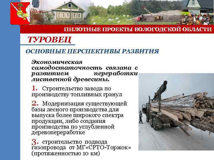 ПИЛОТНЫЕ ПРОЕКТЫ ВОЛОГОДСКОЙ ОБЛАСТИ ТУРОВЕЦ ОСНОВНЫЕ ПЕРСПЕКТИВЫ РАЗВИТИЯ Экономическая самодостаточность связана с развитием переработки