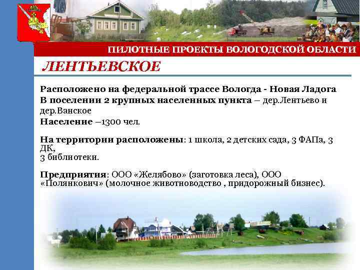 ПИЛОТНЫЕ ПРОЕКТЫ ВОЛОГОДСКОЙ ОБЛАСТИ ЛЕНТЬЕВСКОЕ Расположено на федеральной трассе Вологда - Новая Ладога В