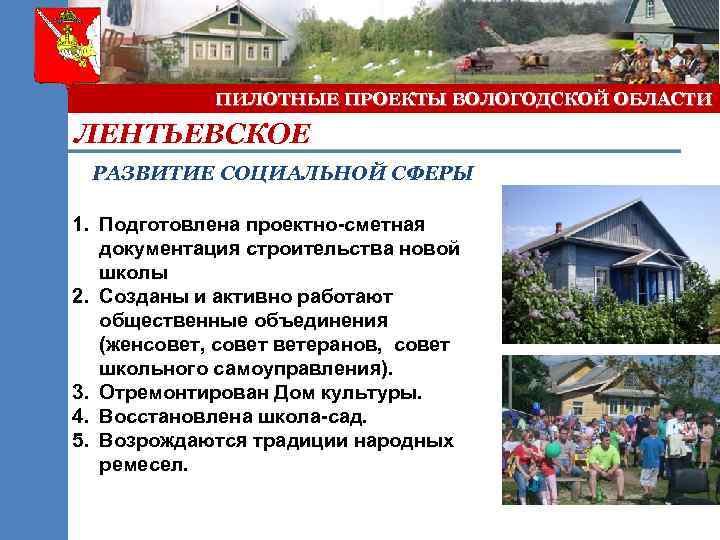 ПИЛОТНЫЕ ПРОЕКТЫ ВОЛОГОДСКОЙ ОБЛАСТИ ЛЕНТЬЕВСКОЕ РАЗВИТИЕ СОЦИАЛЬНОЙ СФЕРЫ 1. Подготовлена проектно-сметная документация строительства новой