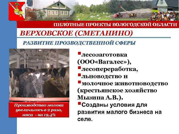 ПИЛОТНЫЕ ПРОЕКТЫ ВОЛОГОДСКОЙ ОБЛАСТИ ВЕРХОВСКОЕ (СМЕТАНИНО) РАЗВИТИЕ ПРОЗВОДСТВЕННОЙ СФЕРЫ §лесозаготовка Производство молока увеличилось в