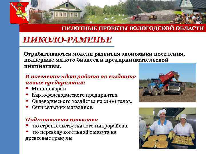 ПИЛОТНЫЕ ПРОЕКТЫ ВОЛОГОДСКОЙ ОБЛАСТИ НИКОЛО-РАМЕНЬЕ Отрабатываются модели развития экономики поселения, поддержке малого бизнеса и